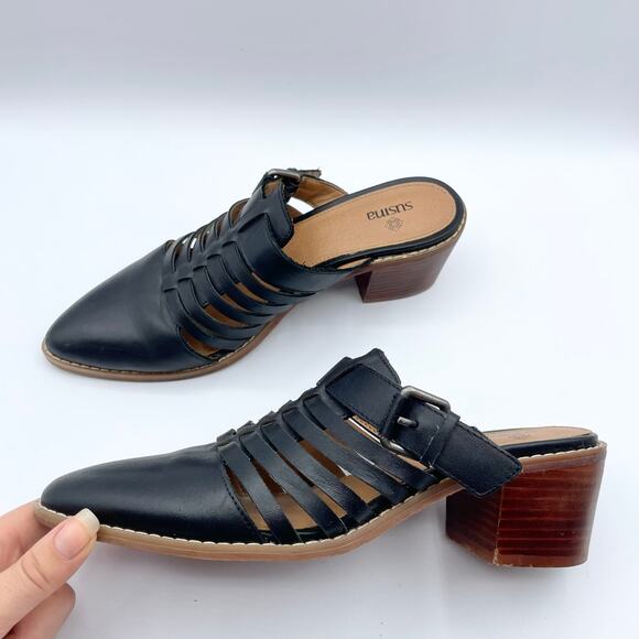 Susina Sondra Lea Leather Mules Black Stacked Low Block Heel Slip On Shoes 8 - Picture 12 of 16